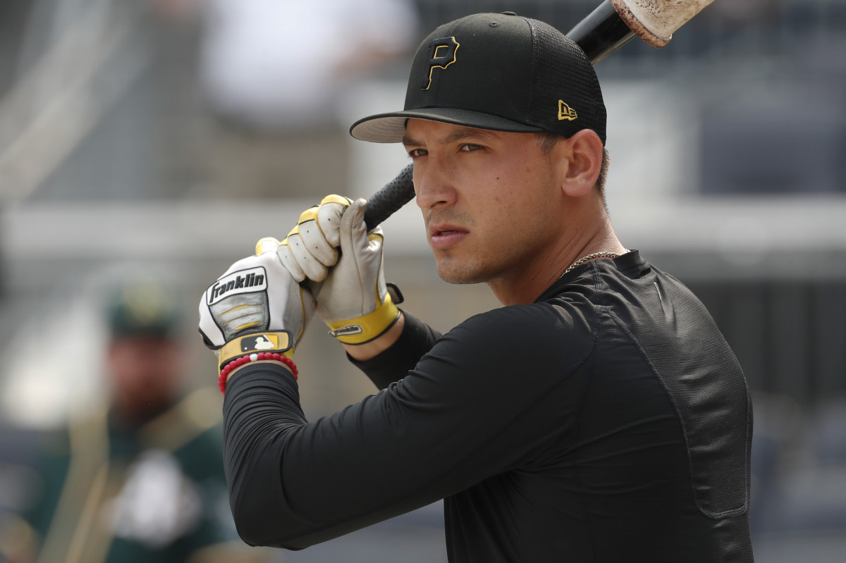 Pittsburgh Pirates infielder Mark Mathias at the batting cage before the game against the Oakland Athletics at PNC Park. (2023)